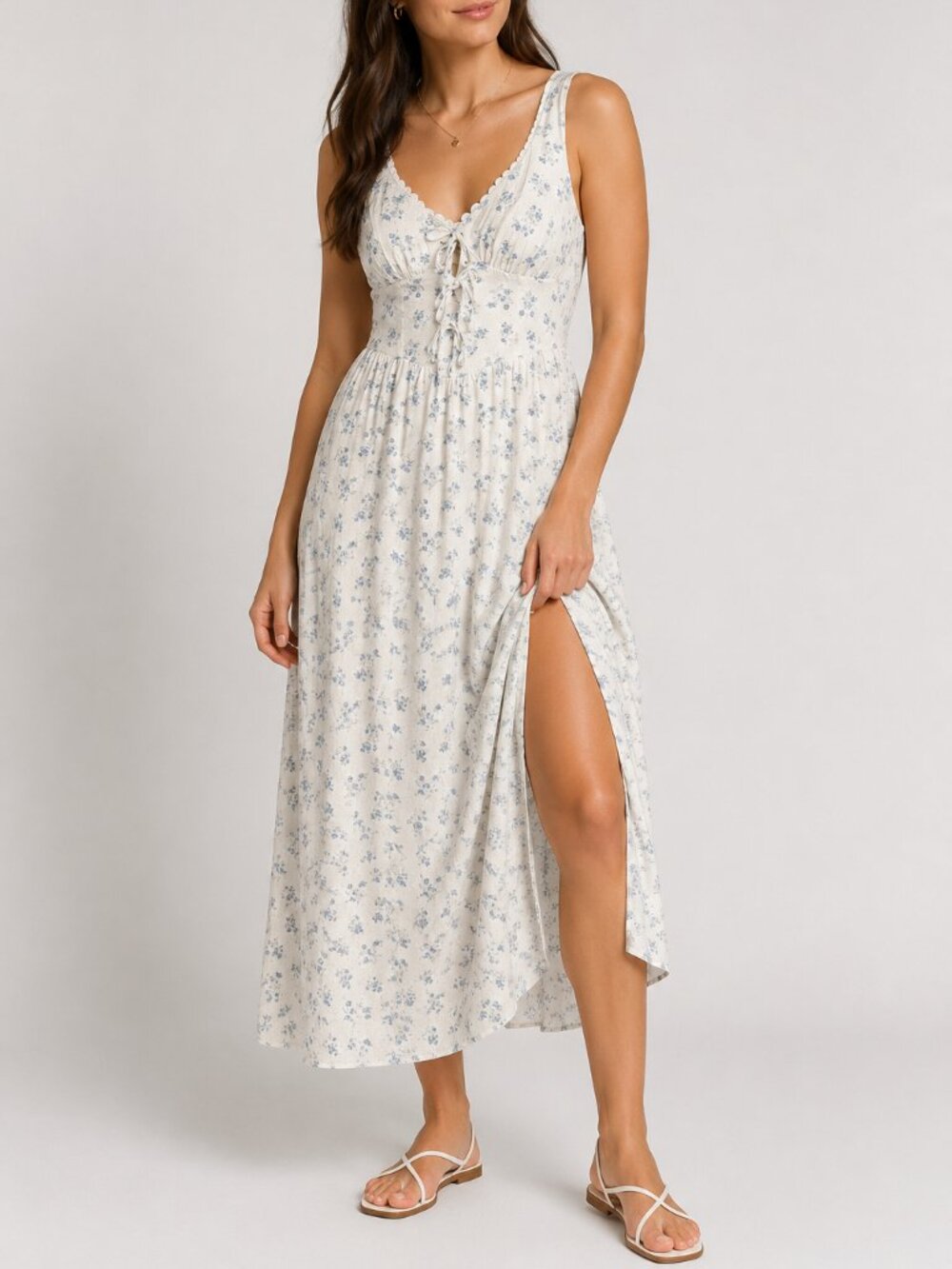 Trixxi Corset Midi Sundress White Blue Floral Fit & Flare Cottagecore